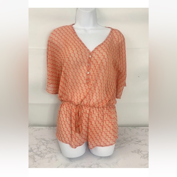 Alya Tops - Alya Womens S Short Sleeve Top Orange Sheer Half Button Down Waist Tie B…